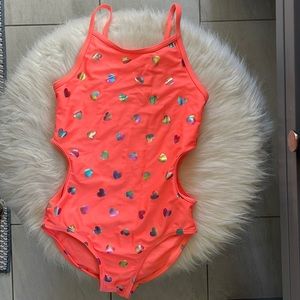 Children’s Place Size 7/8 black 1 pc bathing swim suit with hearts